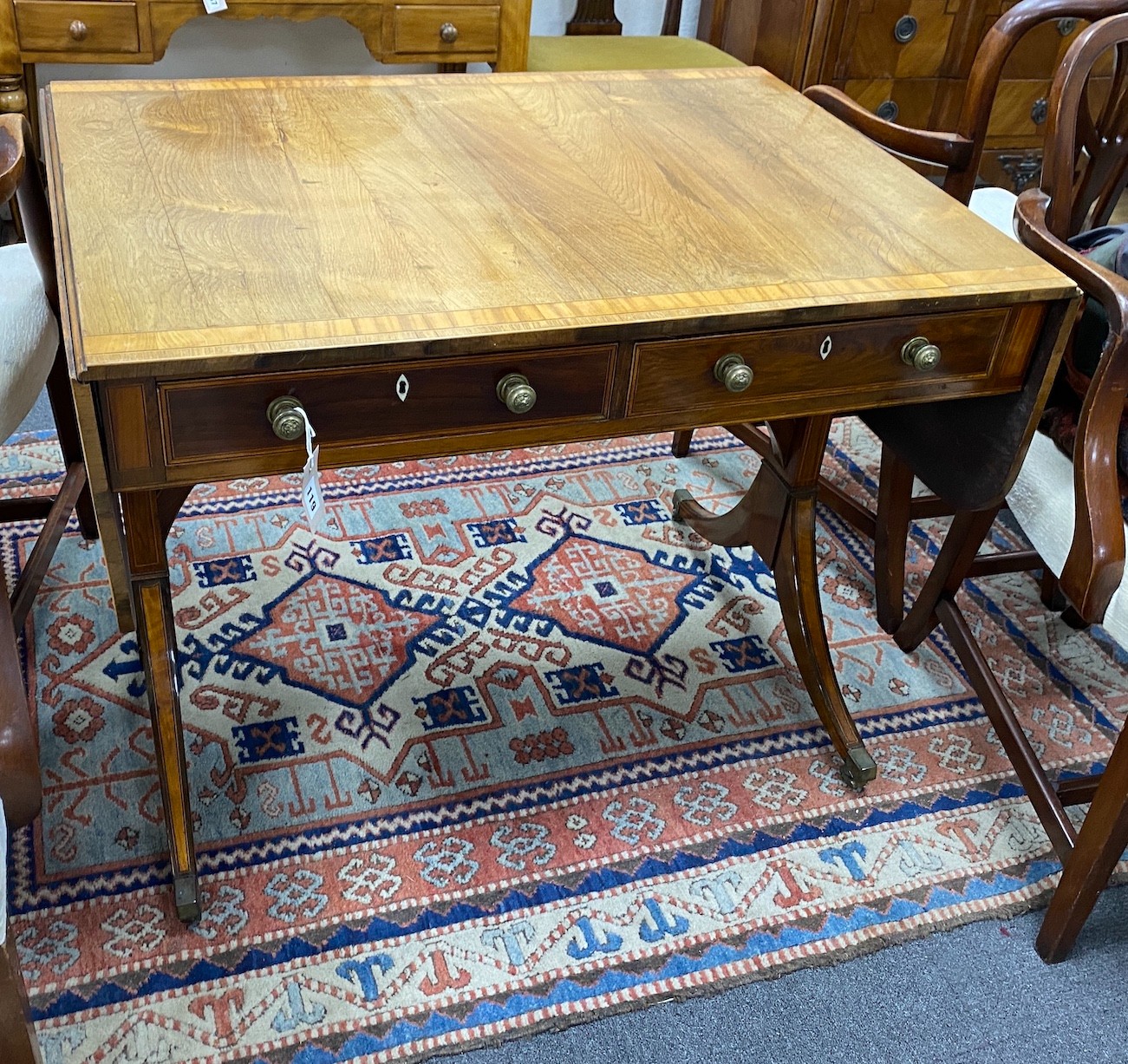A George III satinwood banded faded rosewood sofa table, width 92cm, depth 69cm, height 74cm